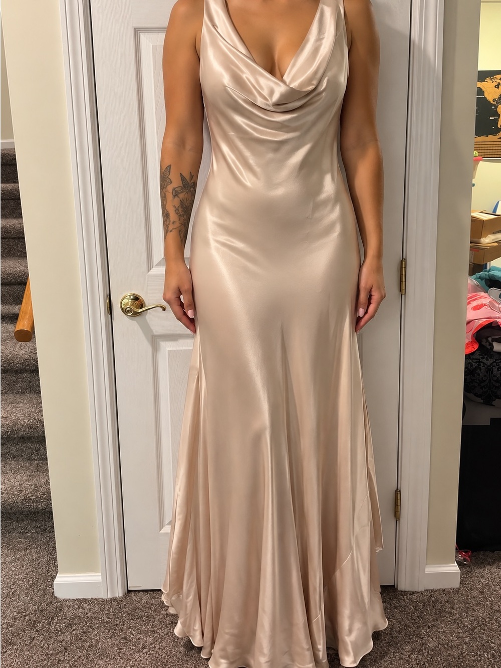 Champagne Satin Cowl Neck Gown with Jeweled Chain Back & Chiffon Cape ✨